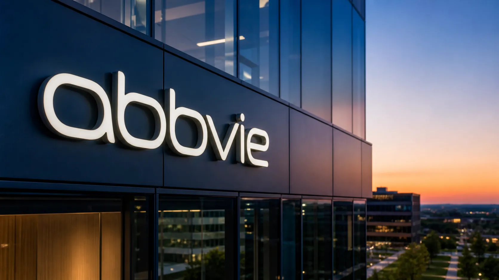 Modern office building at dusk
